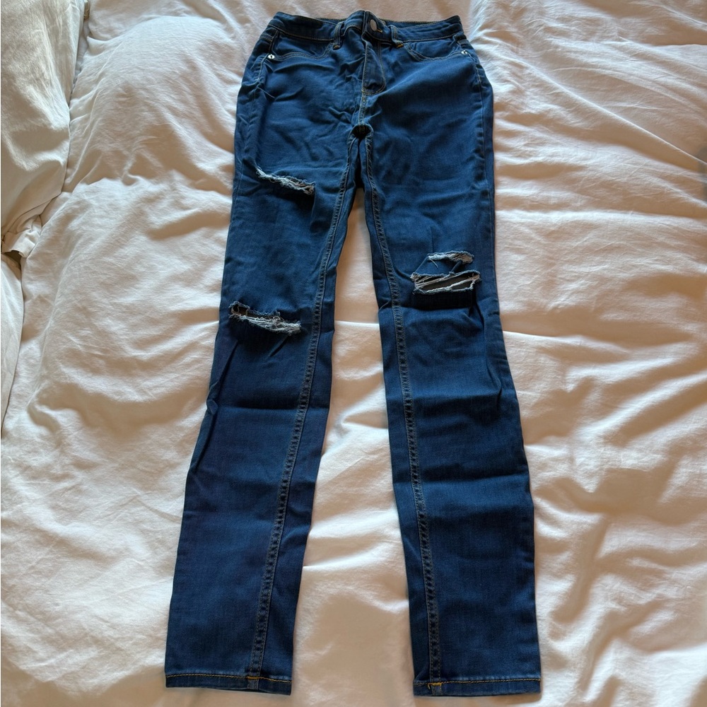 Free People Dark Blue Distressed Straight Leg Jeans